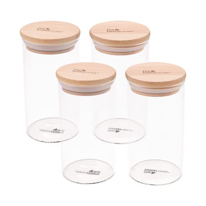 The Better Home 4 Kitchen Accessories with Bamboo Lid, Airtight Borosilicate Glass Jars for Cookies, Snacks, Tea, Coffee, Sugar, 300 ml Each.-The Better Home Pack of 4 Kitchen Accessories Item wi