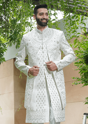 Off White Embroidered Sherwani-White