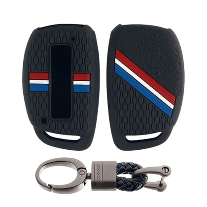 Keyzone striped key cover and keychain for: Exter, Venue, Elantra, Tucson, I20, Creta, Aura, Verna 4s, Xcent, Alcazar 3/4 button smart key (KZS18, Alloy Keychain)-Black