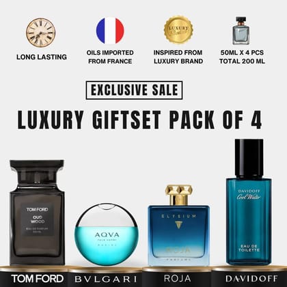 Bvlgari AQVA | Davidoff Cool Water | Roja Elysium Pour Homme | Tom Ford Oud Wood Inspired  50ML Combo Giftset [Pack of 4] | [4.9 ⭐️⭐️⭐️⭐️⭐️ Ratings]-50 ML