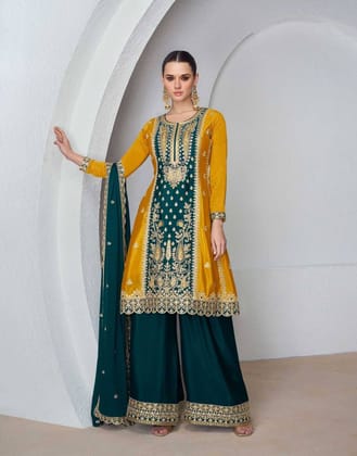 Yellow Color Readymade Indian Partywear Salwar Plazzo Suit-L-40