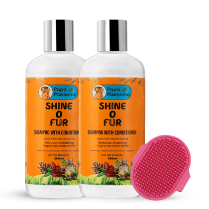 Papa Pawsome Shine O Fur Shampoo with Conditioner and Palm Brush for Dogs-Pack of 3