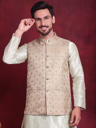 Woven Design Nehru Jacket-XXL / Golden