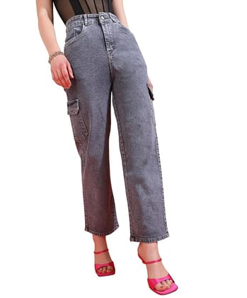 Glossia Fashion Grey Women Cargo Jeans | High Waist Stretchable Wide Leg Straight Fit Denim| Boyfriend Jeans for Women -  26