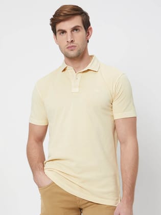 Mufti Beige Textured Plain Slim Fit Polo T-Shirt