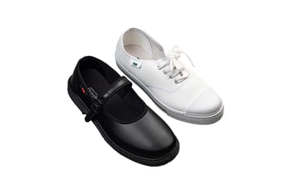 Titas Girls Black School Shoe & White Canvas School Shoe Combo-Black+White / 1