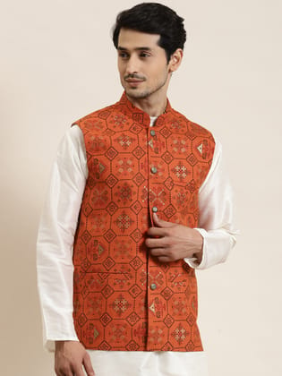 Men's Cotton Linen Printed Orange Nehru Jacket-38