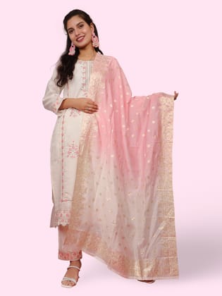 Women's Cotton Rayon Kurta-Pant, and Dupatta Set-Off White / L