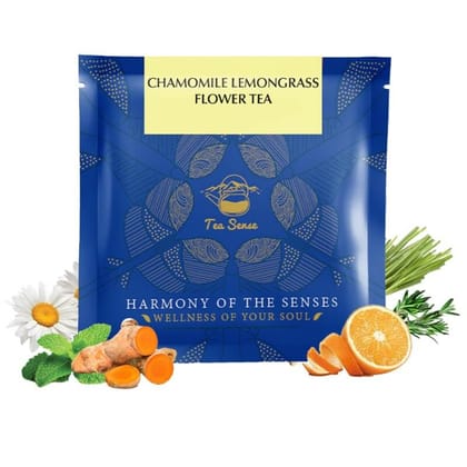 TEA SENSE - Chamomile Lemongrass Tea |15 Pc | Pyramid Tea Bags in Sealed Pouches | Floral Sweet Subtle Citrusy | Provides Relaxation and Wellness | Can be Rebrewed