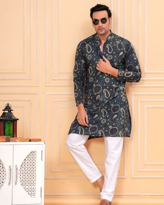 Royal Reflection Blue Ajrakh Printed Cotton Kurta Pyjama-Kurta and Pyjama / S (36)