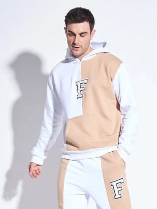 White & Beige Cut Sew Hooded Sweatshirt-S