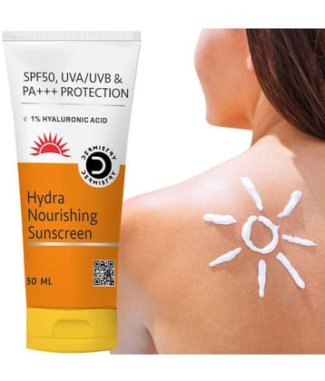 Dermistry 1% Hyaluronic Acid Hydra Nourishing Hydrating Sunscreen Aqua Glow Gel for Dry Skin & All Skin Types SPF 50 UVA UVB PA+++ Protection Cream Quick Absorbed Lightweight Moisturizer Non