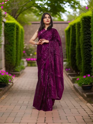 Designer Saree with Heavy Sequin & Stone Work by Shreekama-Wine / Free Size