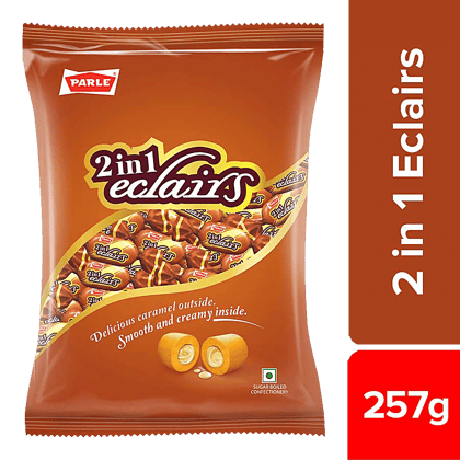 Parle 2 In 1 Eclairs Toffee, Enriched With Milk & Vanilla, Soft, 257 G