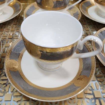 Luxury Embossed Gold Plated Cup & Saucer Royal Style Bone China, Set Of 6 (MADE IN JAPAN)-GREY