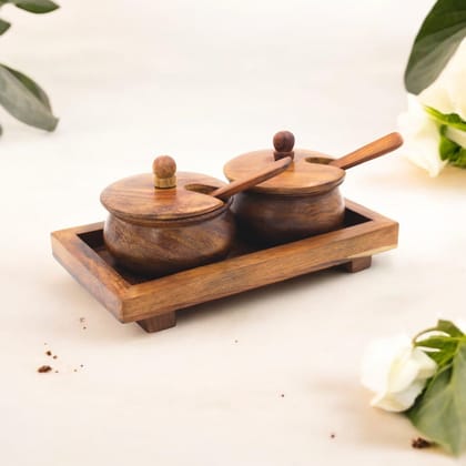 Wooden Handi Set of 2 with Tray | Dry Fruit, Spices Box for Multipurpose use for Kitchen-Brown