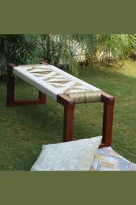 Sirohi Muse Cotton & Gold Plastic Wooden Bench-Detachable Modern Legs