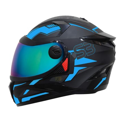 Steelbird SBH-17 Terminator ISI Certified Full Face Graphic Helmet for Men and Women (Matt Black Fluo Blue with Chrome Rainbow Visor)-Medium 580 MM