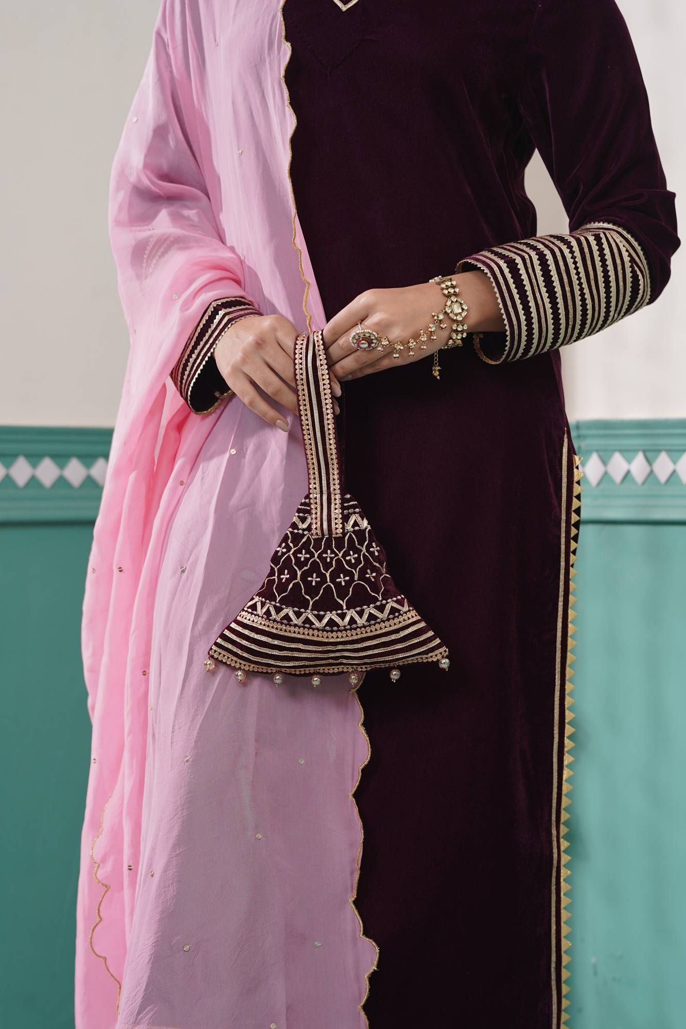 Wine Velvet Potli Bag-Purple Wine