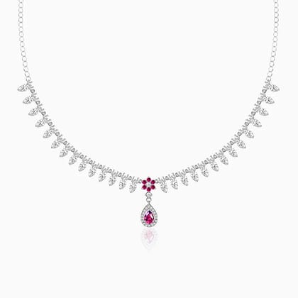 Silver Pink Flower Drop Necklace