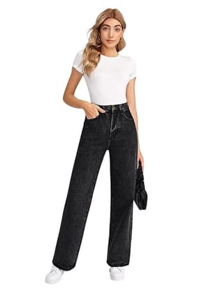 Glossia Fashion High Waist Boyfriend Women Jeans Cotton Lycra Stretchable Wide Leg Denim -  Black, 26