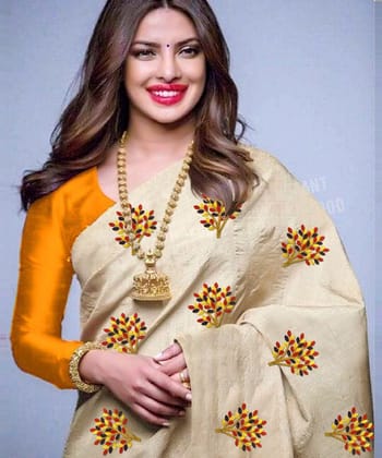 Yellow and Cream Colored Party wear Embroidered South Silk Saree