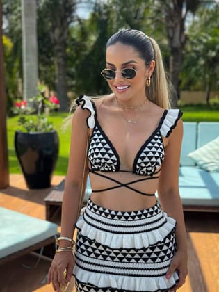 Knitted Ruffle Bikini Top & Skirt Coord Set-Black & White / S