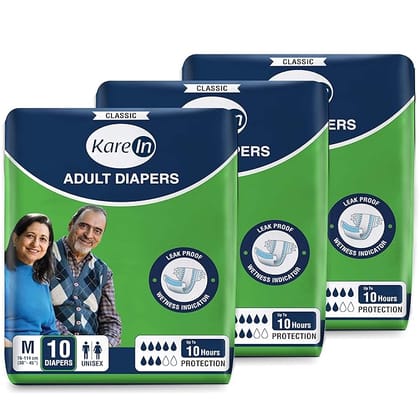 KareIn Classic Adult Diapers, Medium, Waist Size 76-114 Cm (30"-45"), 30 Count, Tape Style, Unisex, High Absorbency, Leak Proof, Wetness Indicator