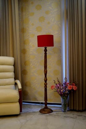 Mango Wood Floor Lamp With Shade (Brown & Red)-Brown & Red