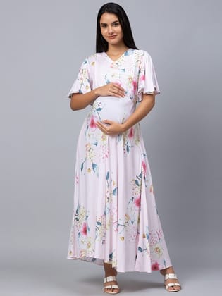 White & Pink Floral Maternity A-Line Maxi Dress