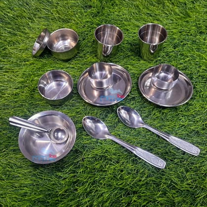 MM TOYS Premium Stainless Steel Mini Kitchen Play Set | 12 Pcs | Ideal for Kids Aged 3+ | Glasses, Pan, Plates, Bowls Included