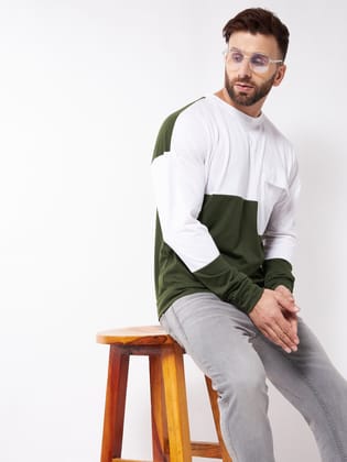 Gritstones Men White and Olive Color Round Neck Oversize Drop Shoulder Cotton T-Shirt