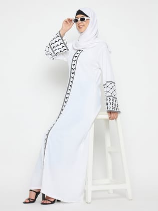 Nabia Kefiyyeh Embroidery Solid White Abaya Burqa With Black Hijab-XS / 54