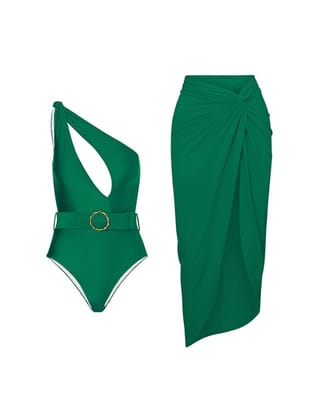 One Shoulder Cutout Swimsuit Skirt Coord Set With Belt-Green / M