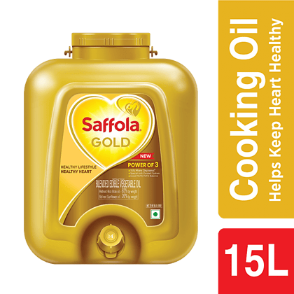 Saffola Gold Refined Cooking Oil - Blended Rice Bran & Sunflower Oil, Helps Keeps Heart Healthy, 15 L Jar