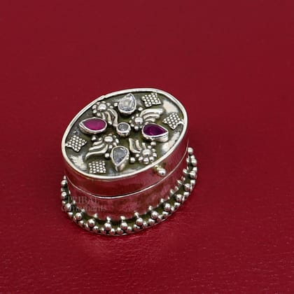 925 sterling silver handcrafted oval shape design red stone work trinket box, kajal eyeliner box, Sindur box brides gift silver box stb760