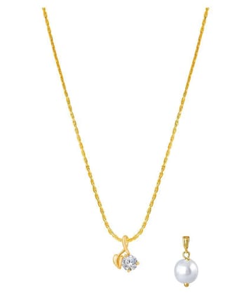 Fashion Combo of Gold Plated Cubic Zircon Leaf Pendant and Japanese Pearl Pendant with Chain for Women and Girls - Golden