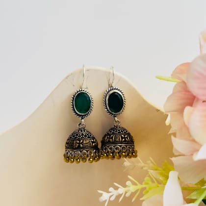 Small Silver Replica Jhumki-Green