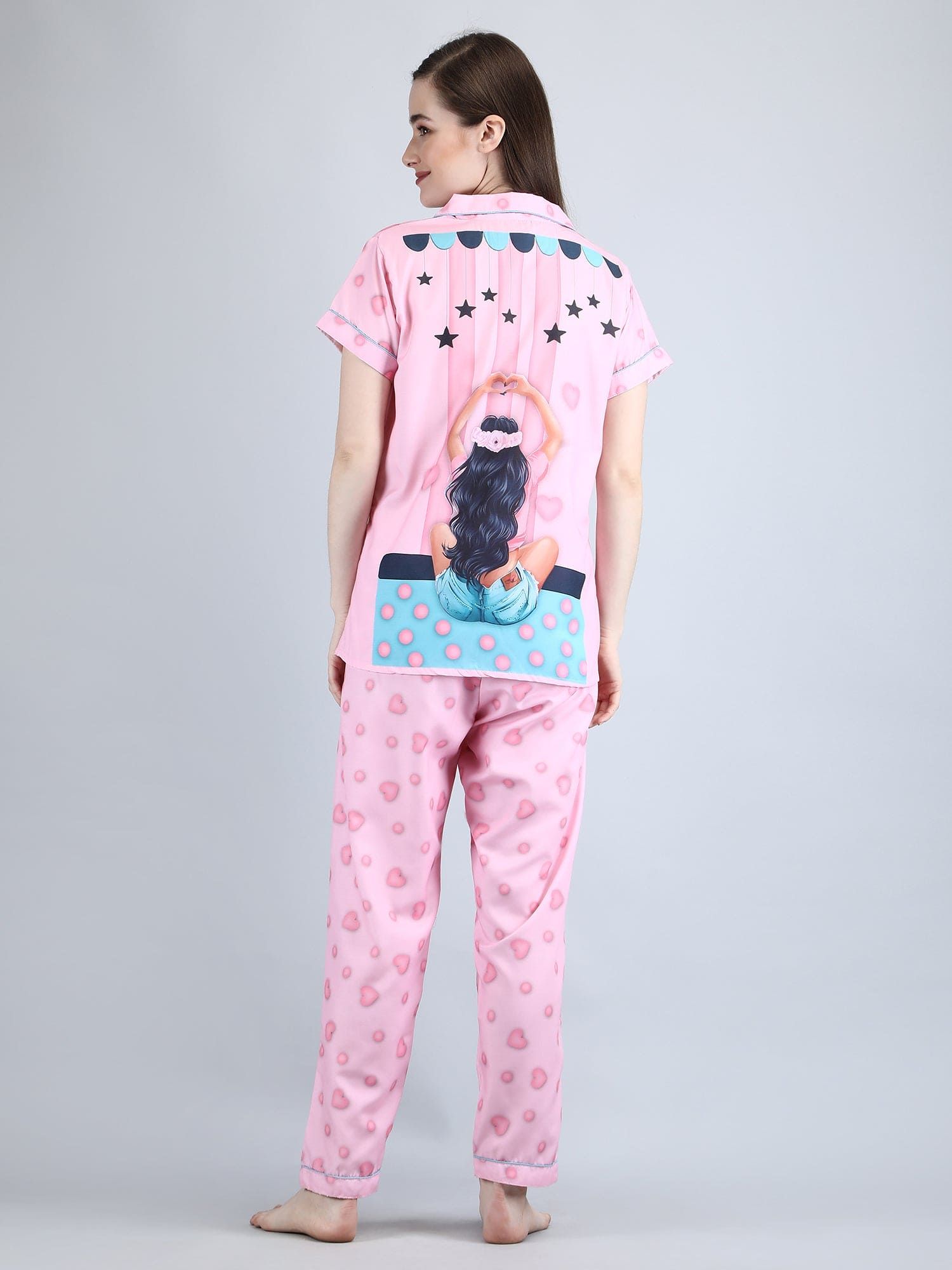 Women's Lounge Wear Night Suit Swiss cotton-Attractive Digital Print Pink-M