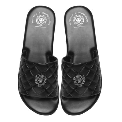 Women's Black Leather Quilted Strap Comfy Slide-in Slippers By Brune & Bareskin-36/3