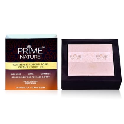 Prime Nature Oatmeal & Almond Soap Bar 120g – Organic Soap for Dry Skin – Cleanses & Soothes with Aloe Vera, Oats, Vitamin E, Grapeseed Oil & Kokum Butter – Moisturizing Face & Body Soap (Pack of 1)