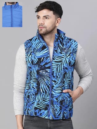 Men'S Tropical Print Blue Zip Lined Sleeveless Reversible Quilted Jacket-S