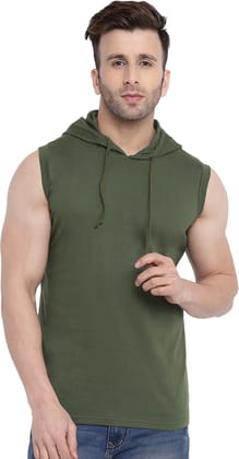 Gritstones Men's Olive Green Sleeveless Hooded Tshirt