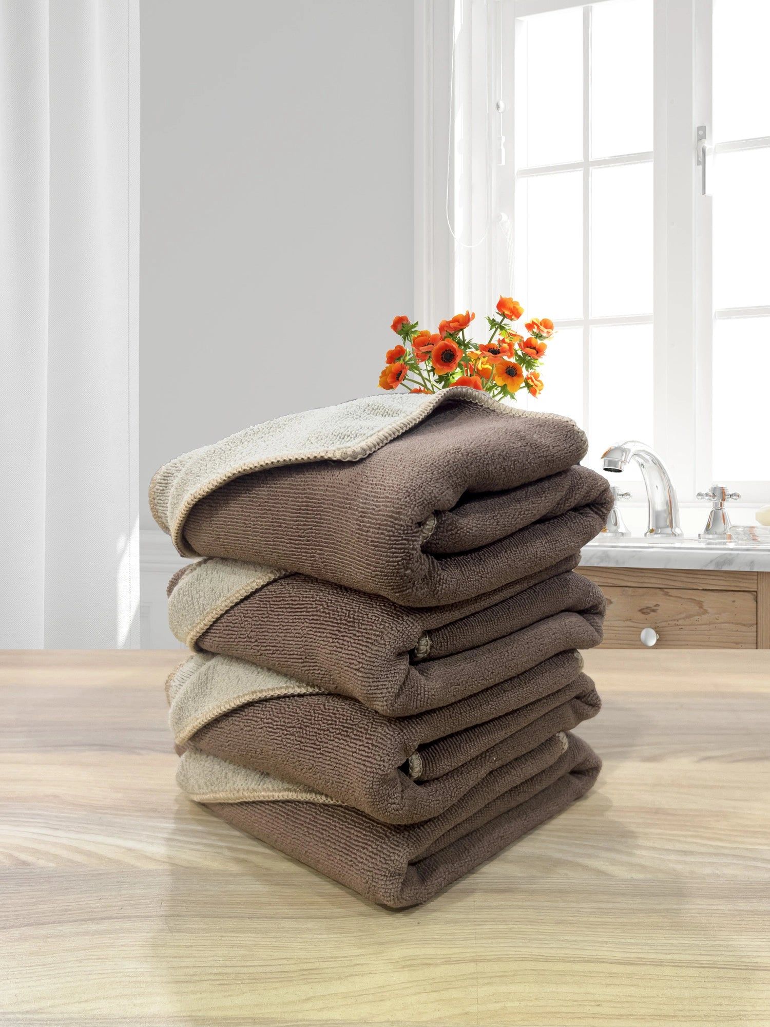 Euphoria 450GSM Reversible, Super Soft, Anti Microbial, Hand Towel (40cm x 60cm ), Brown-Pack of 4