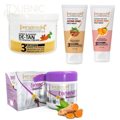 AARYANVEDA Tanend De-Tan Bleach Cream & Blemish-End Face Wash & Acne-End Face Wash & Carrot & Almond De-Tan - Tan Removal Massage Cream