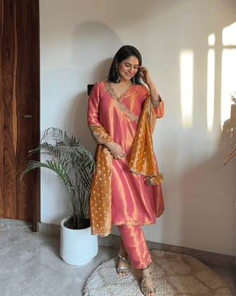 Rosy Zari Tissue Angrakha with Narrow Pants and Dupatta - mendi rattar-XXS / XXS