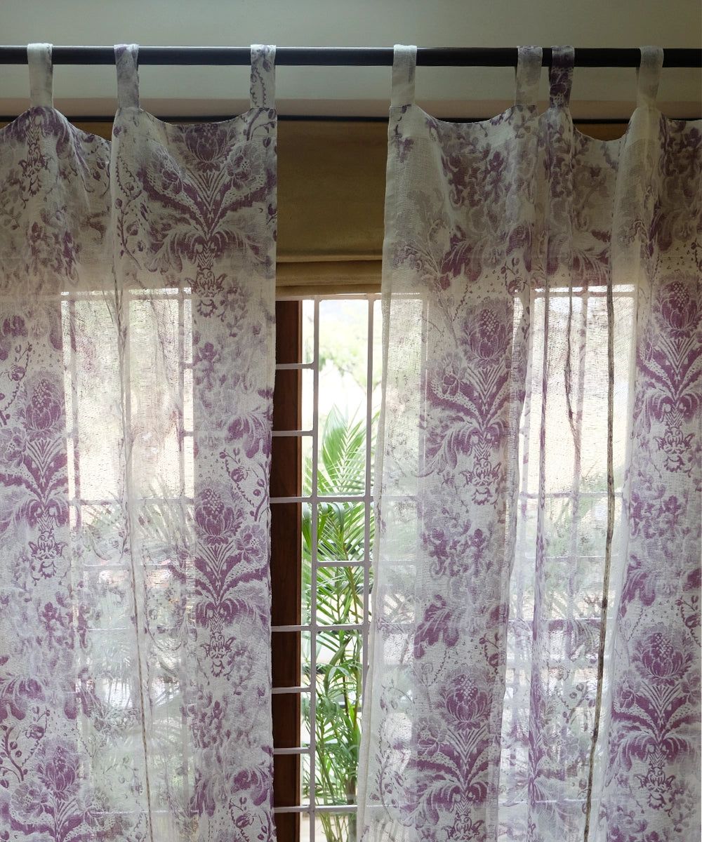 Off White Lilac Floral Printed Linen Gauze Sheer Curtains (7 feet)