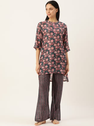 Floral Blue & Pink Mix Match Kurta & Palazzo-M