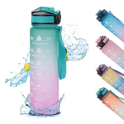 Kuber Industries Motivational Water Bottle with Time Marker, Straw, 1L, Green Purple, for Kids, Adults, Gym, Home, Office, School.-Kuber Industries Motivational Water Bottle with Time Marker, Str