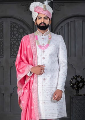 White and Pink Designer Sherwani for Groom-S